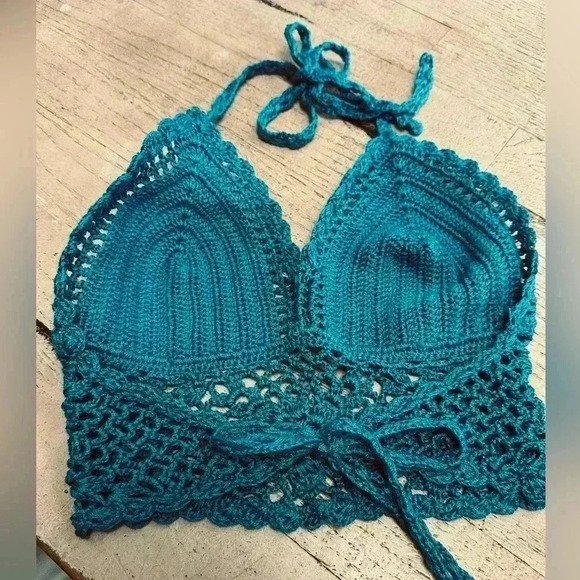Blue Knit Crochet Bustier, Size Small , Adjustable halter and back - Picture 3 of 8